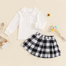 Load image into Gallery viewer, Toddler Kids Girls 2Pcs Long Sleeve Collared Shirt Top with Pleated Mini Plaid Skirt Fall Outfit Set
