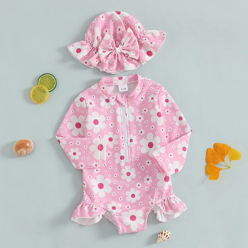 Baby Toddler Girls 2Pcs Swimsuit Long Sleeve Floral/Bow Print Ruffles Bathing Suit Swimwear with Swim Cap Set