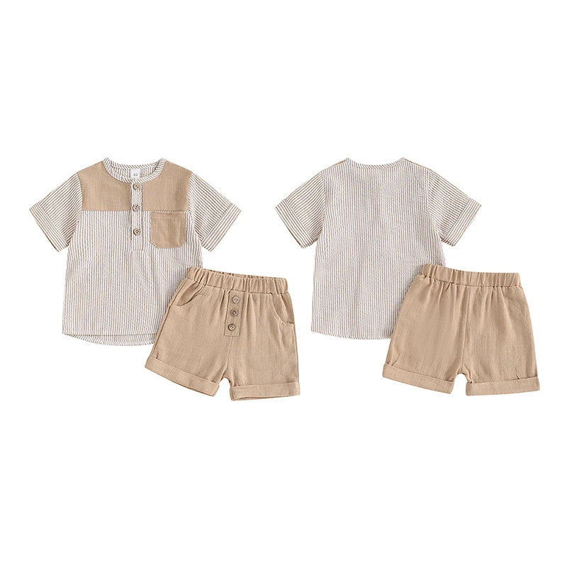 Baby Toddler Kids Boys 2Pcs Outfit Striped Pattern Short Sleeve Top with Pocket Button Up and Elastic Shorts Clothes Set