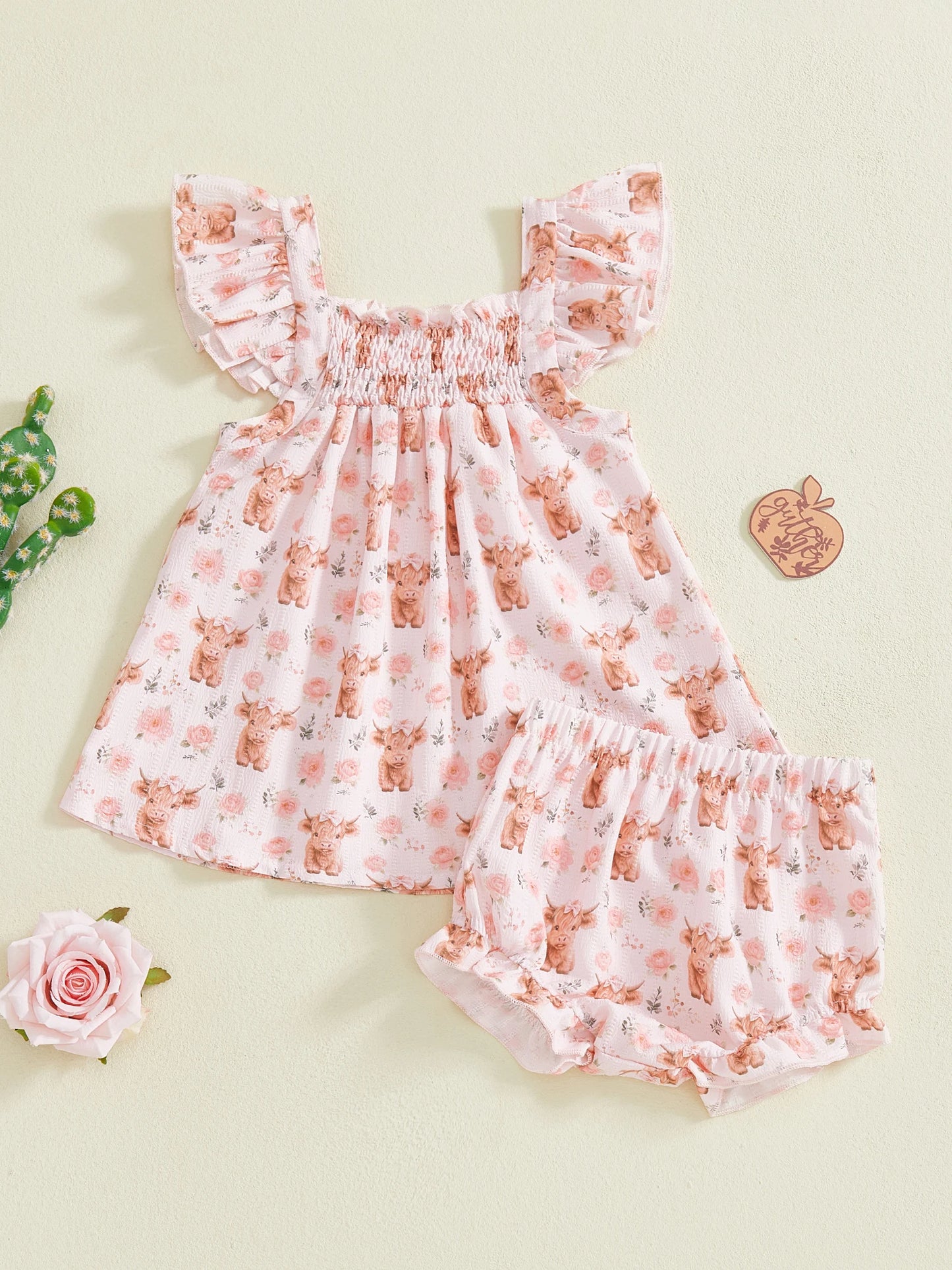 Baby Toddler Girl 2pcs Summer Outfits Highland Cow Floral Print Ruffled Sleeve Top with Matching Shorts 2 Piece Set