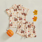 Baby Toddler Boys 2Pcs Thanksgiving Outfit Turkey Short Sleeve Button-up Shirt Elastic Waist Shorts Set