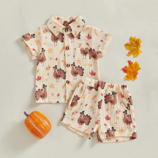 Baby Toddler Boys 2Pcs Thanksgiving Outfit Turkey Short Sleeve Button-up Shirt Elastic Waist Shorts Set