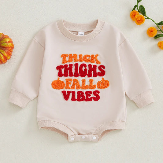 Baby Girl Boys Halloween Romper Thick Thighs Pumpkin Vibes Pumpkin Letter Embroidery Round Neck Long Sleeve