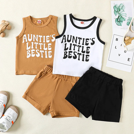 Toddler Baby Boy 2Pcs Spring Summer Outfit Auntie's Little Bestie Sleeveless Tank Top Elastic Waist Shorts Clothes Set