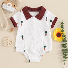 Load image into Gallery viewer, Baby Toddler Boy Spring Summer Jumpsuit Cartoon Cactus/Carrots Triangles Arrows Print Short Sleeve Button Down Collar Romper
