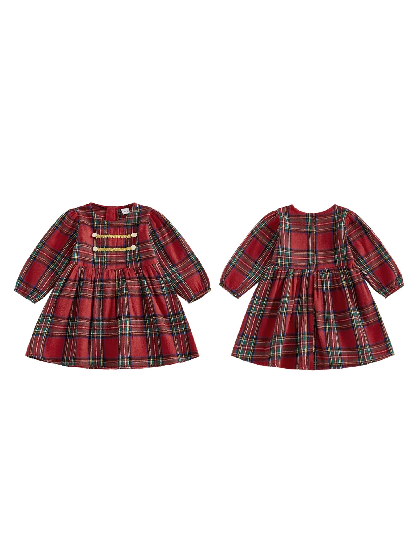 Toddler Kids Girls Sweet Plaid Dress Christmas Long Puff Sleeve Round Neck  A-line Dress