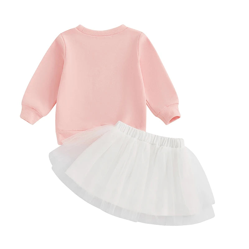 Baby Toddler Girls 2Pcs Valentine's Day Outfit Sweet Heart Letter Print O-Neck Long Sleeve Top Layered Tulle Tutu Skirt Clothes Set