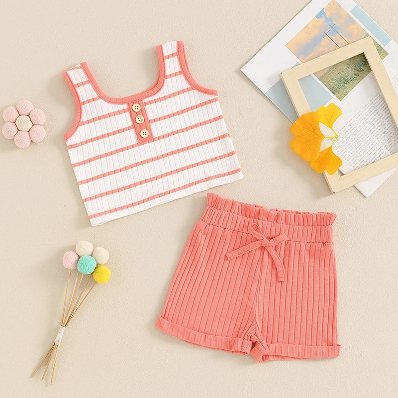 Toddler Baby Girl 2Pcs Summer Ribbed Set Striped Round Neck Sleeveless Tank Top Elastic Waist Shorts Outfit