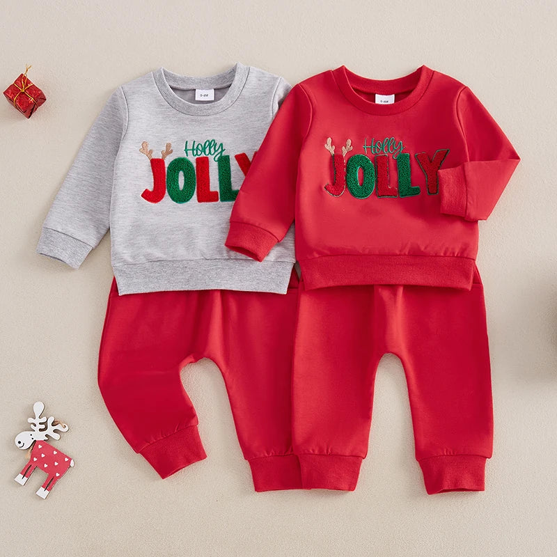 Baby Toddler Girls Boys 2Pcs Holly Jolly Christmas Outfit Letter Embroidery Long Sleeve Top with Solid Long Pants Jogger Set