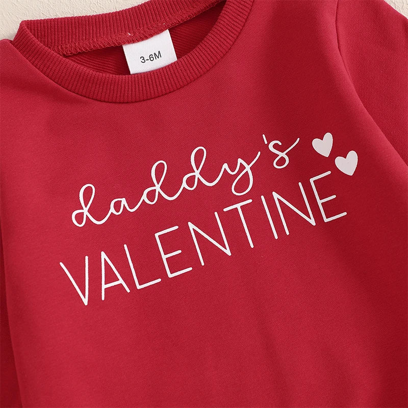 Baby Toddler Girls 2Pcs Daddy's Valentine Valentine's Day Outfit Letter Print Long Sleeve Crewneck Top with Heart Pattern Long Jogger Pants Valentines Set