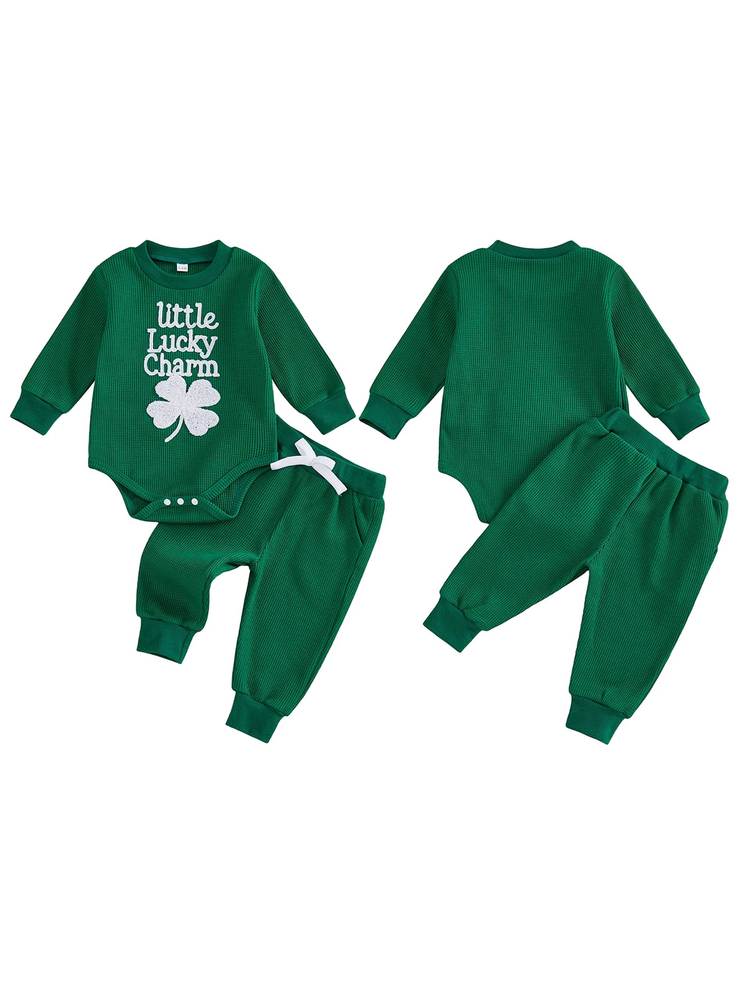 Baby Boys Girls 2Pcs Little Lucky Charm Outfit Long Sleeve O Neck Letter Shamrock Embroidery Jumpsuit Romper and Elastic Waist Pants Set