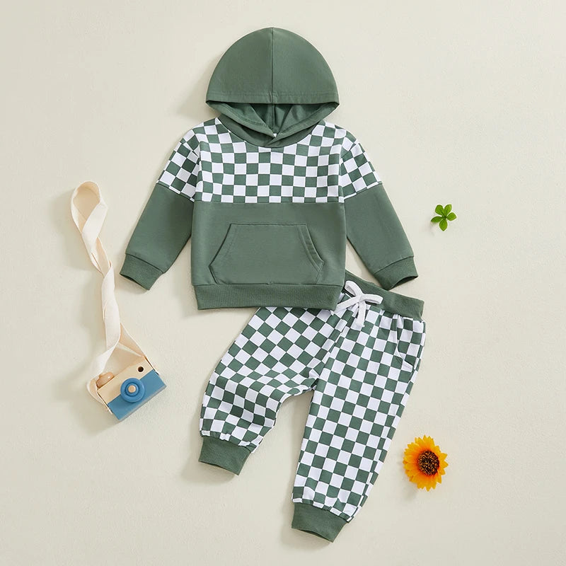 Baby Toddler Boys 2Pcs Outfit Checker Print Long Sleeve Hooded Top Hoodie with Elastic Waist Long Pants Jogger Set