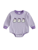 Baby Girls Boys Halloween Striped Romper Pumpkin/Ghost Embroidery Long Sleeve Jumpsuit