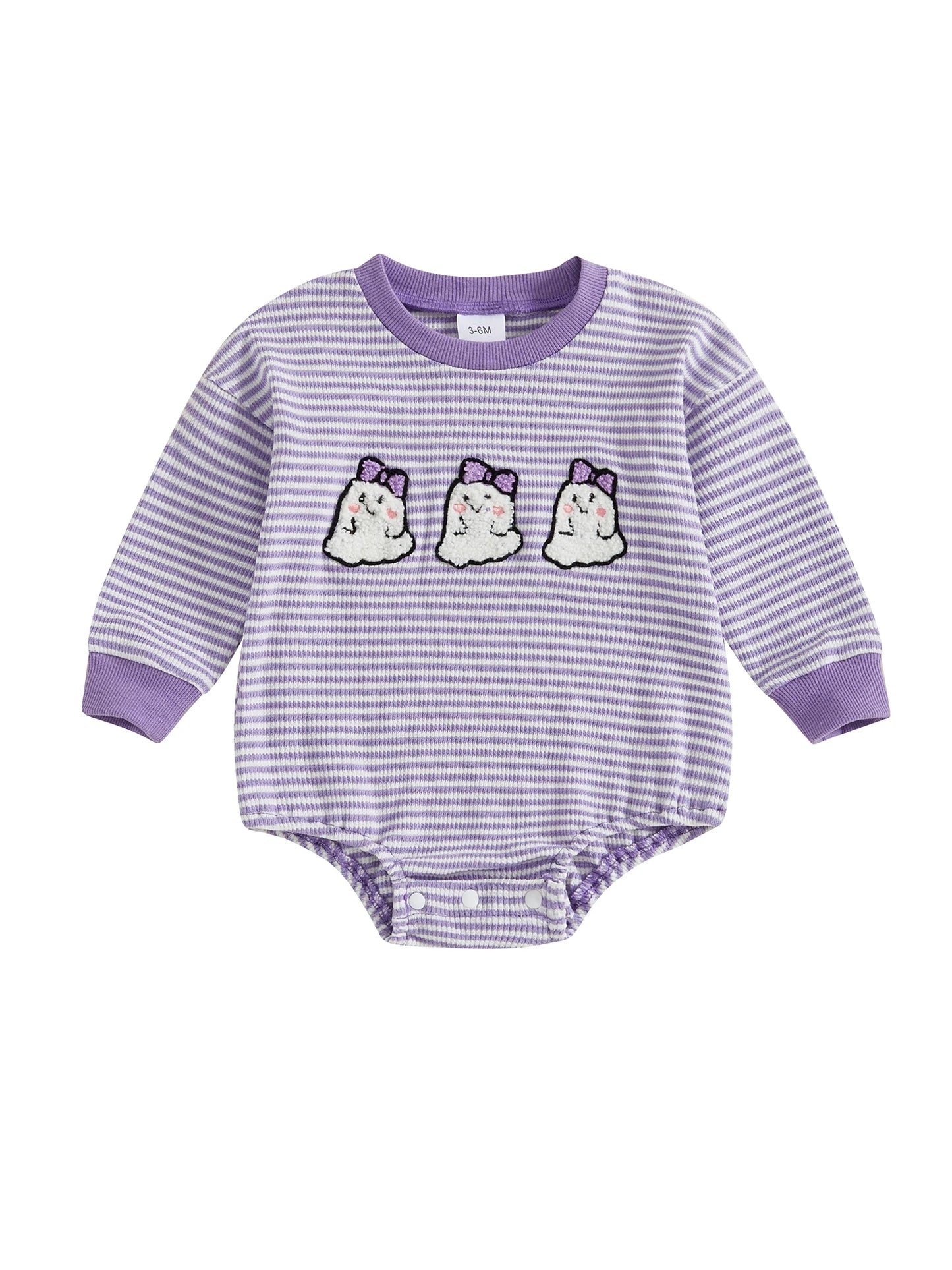 Baby Girls Boys Halloween Striped Romper Pumpkin/Ghost Embroidery Long Sleeve Jumpsuit