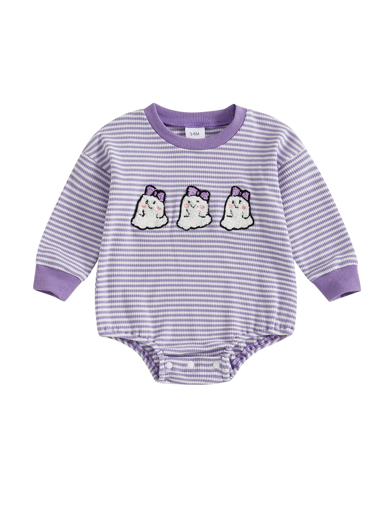 Baby Girls Boys Halloween Striped Romper Pumpkin/Ghost Embroidery Long Sleeve Jumpsuit