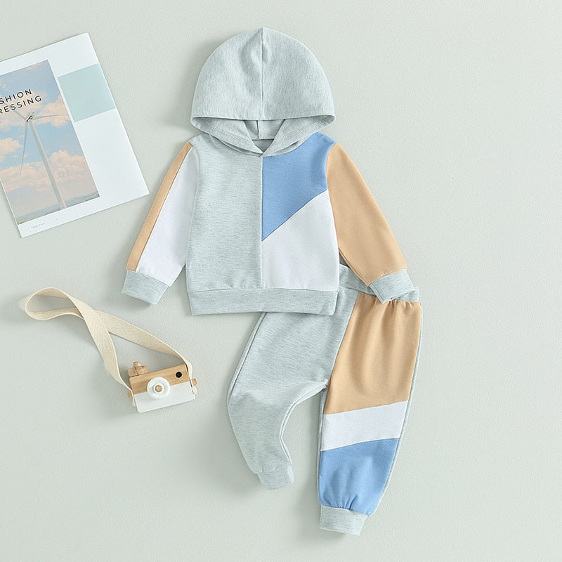 Baby Toddler Boy Girl 2Pcs Outfit Contrast Color Block Long Sleeve Hoodie Long Pant