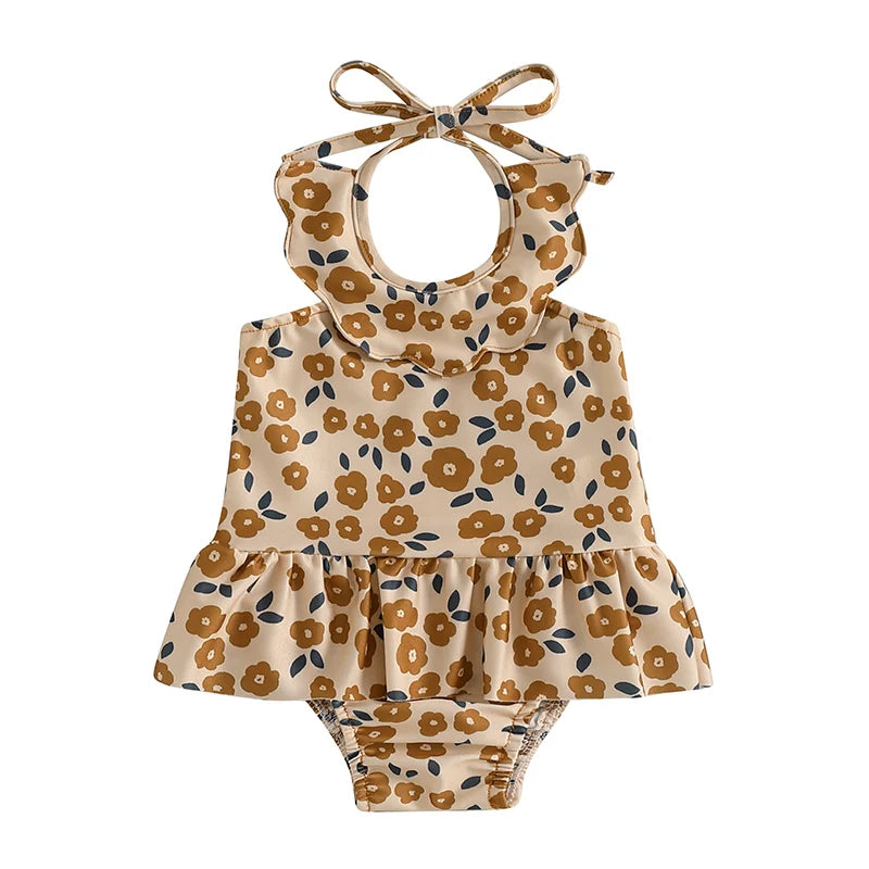 Baby Girls Halter Neck Swimwear Floral Cherry Print Romper Dress Bathing Suit Ruffled Beachwear