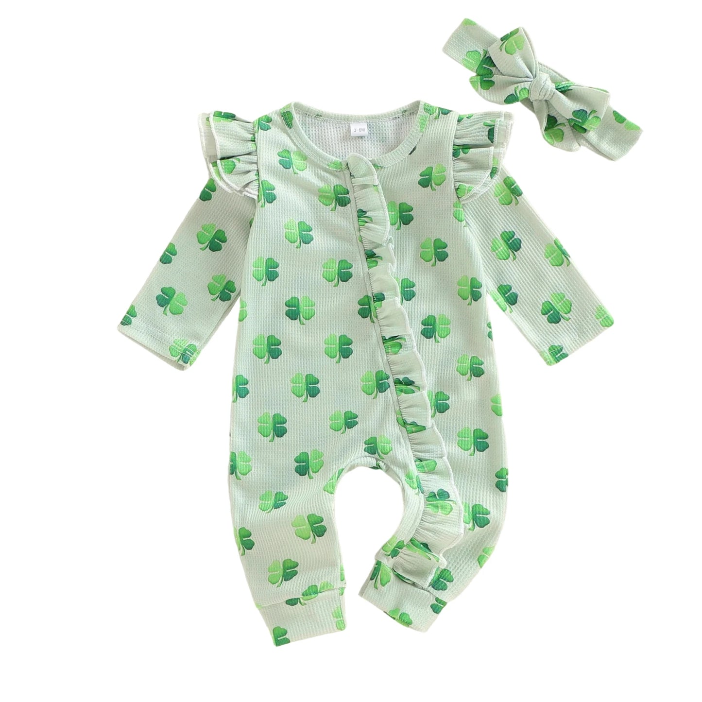 Baby Girls 2Pcs Spring Outfit Shamrock Print Ruffled Trim Zip Up Crew Neck Long Sleeve Zipper Romper with Bow Headband St. Patrick's Day Set