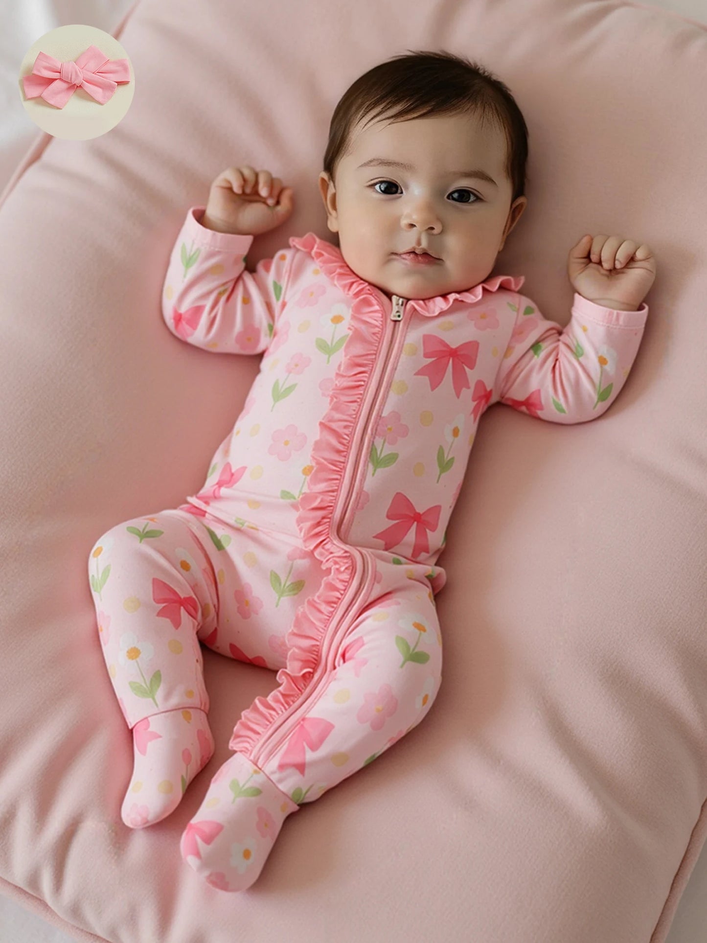 Baby Girl 2Pcs Footed Zipper Romper Floral Print Long Sleeve Zip Up Round Neck Ruffled Jumpsuit with Headband Set