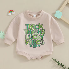 Load image into Gallery viewer, Baby Girl Boy St Patricks Day Bubble Romper Long Sleeve Clover Heart / Thick Thighs Lucky Vibes Print Bodysuit
