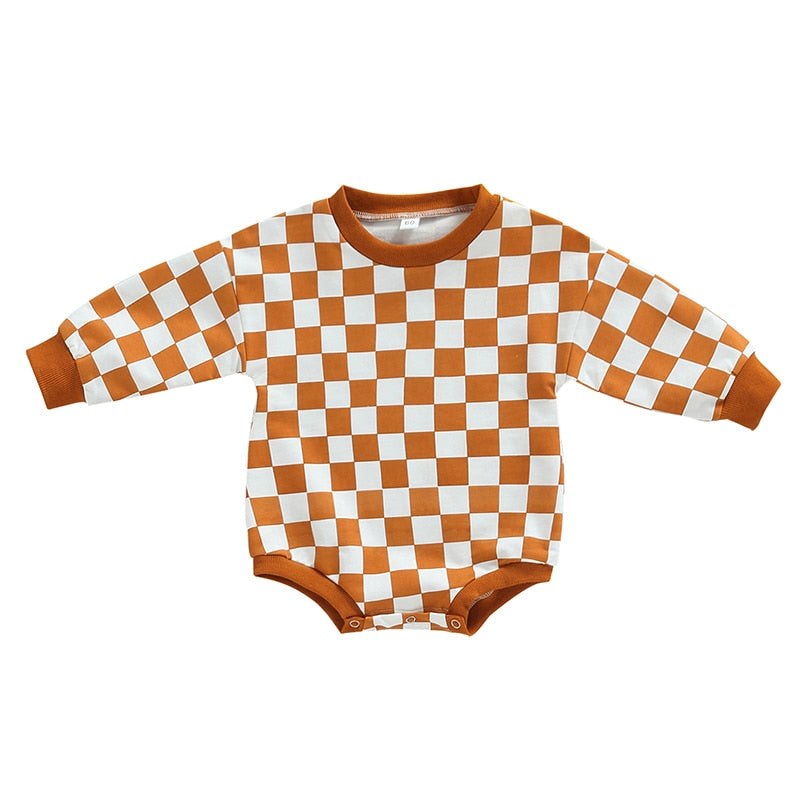 Baby Boy Girl Fall Sweatshirt Bodysuit Checkerboard Print Long Sleeve Jumpsuit Romper