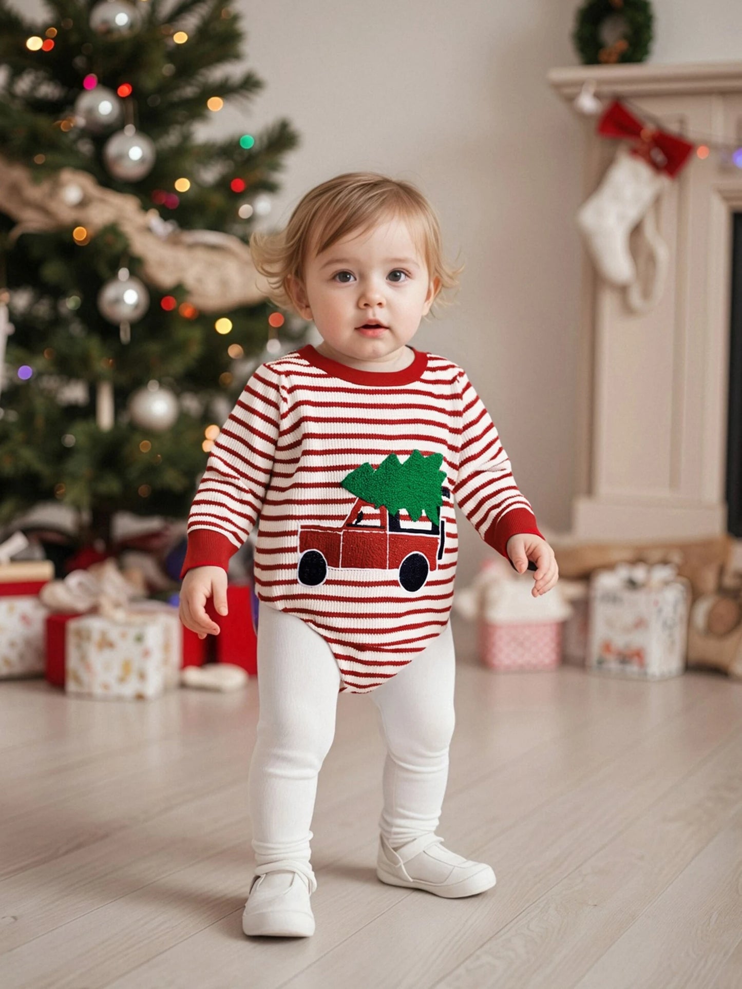 Baby Boy Girl Christmas Striped Jumpsuit Long Sleeve Round Neck Tree Truck Embroidery Romper
