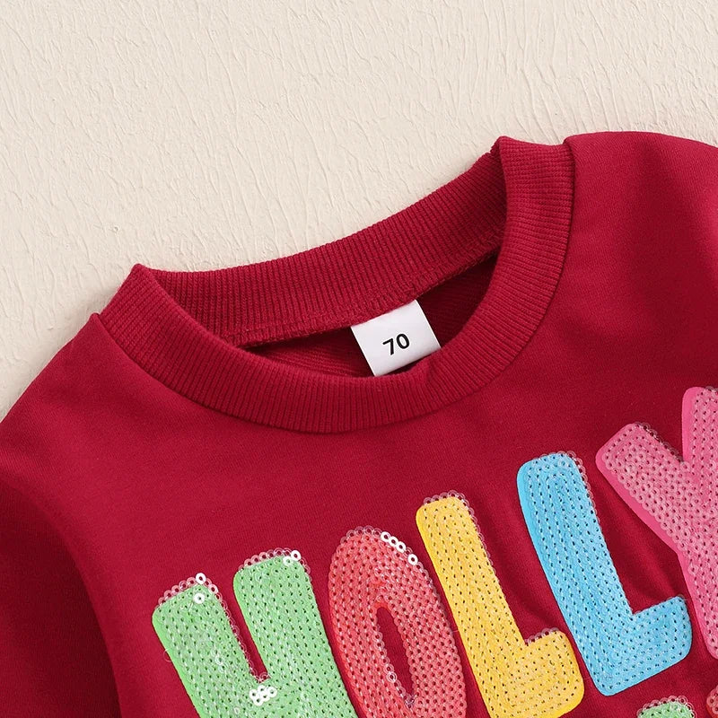 Baby Toddler Kids Boys Girls Holly Jolly Christmas Long Sleeve O Neck Sequins Letter Embroidery Pullover Top