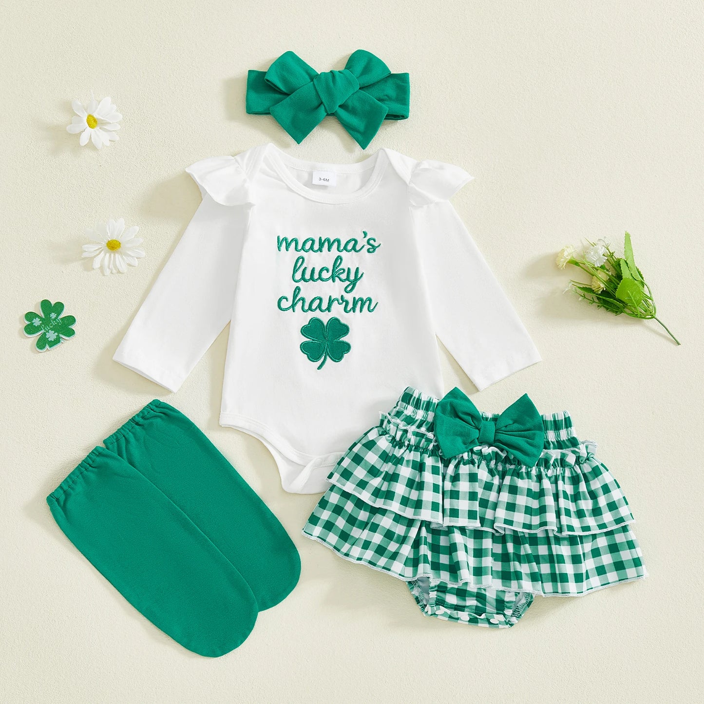 Baby Girl 4Pcs Mama's Lucky Charm St. Patrick's Day Outfit Clover Long Sleeve Romper Ruffle Shorts Headband and Leg Warmers Spring Set