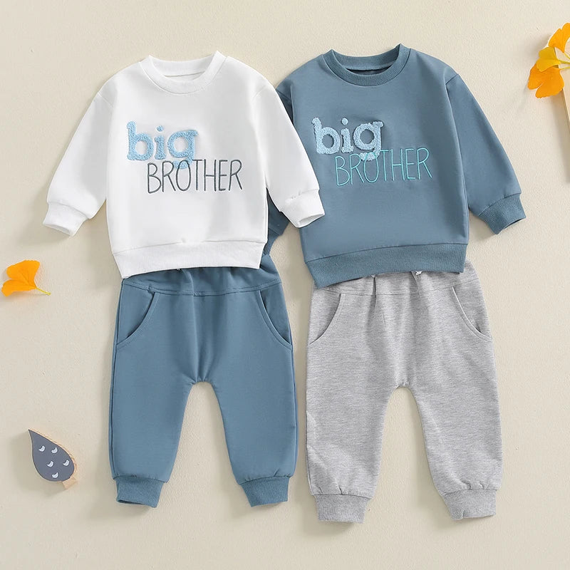 Toddler Kids Boys 2Pcs Big Brother Fall Set Letter Embroidery Long Sleeve Crewneck Top with Solid Color Pants Outfit