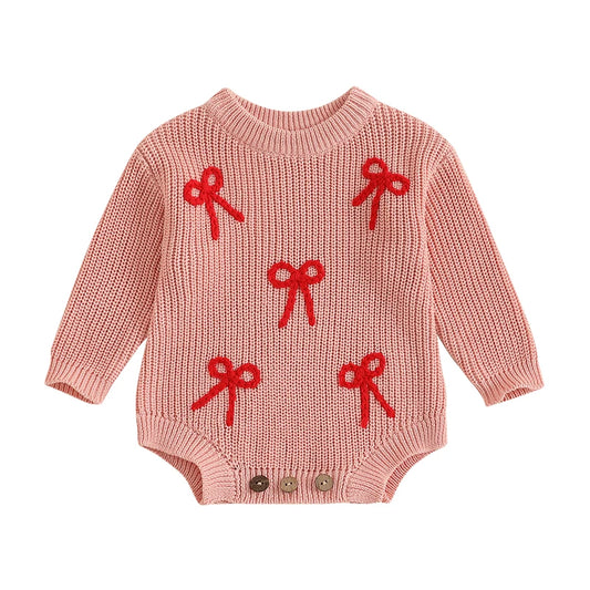 Baby Girls Knit Sweater Romper Long Sleeve Round Neck Bow Embroidery Romper