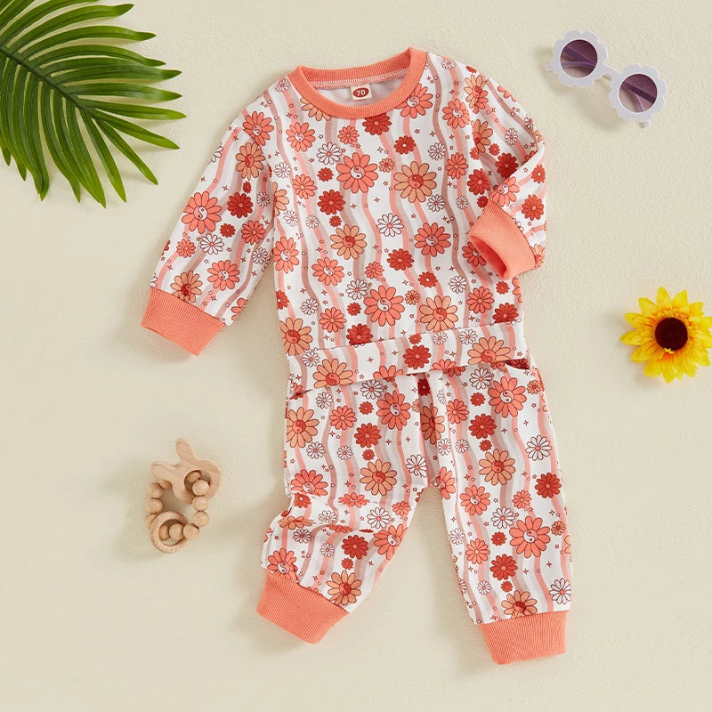 Baby Toddler Girls 2Pcs Long Sleeve O Neck Floral Flower Print Top Drawstring Pants Outfit Set