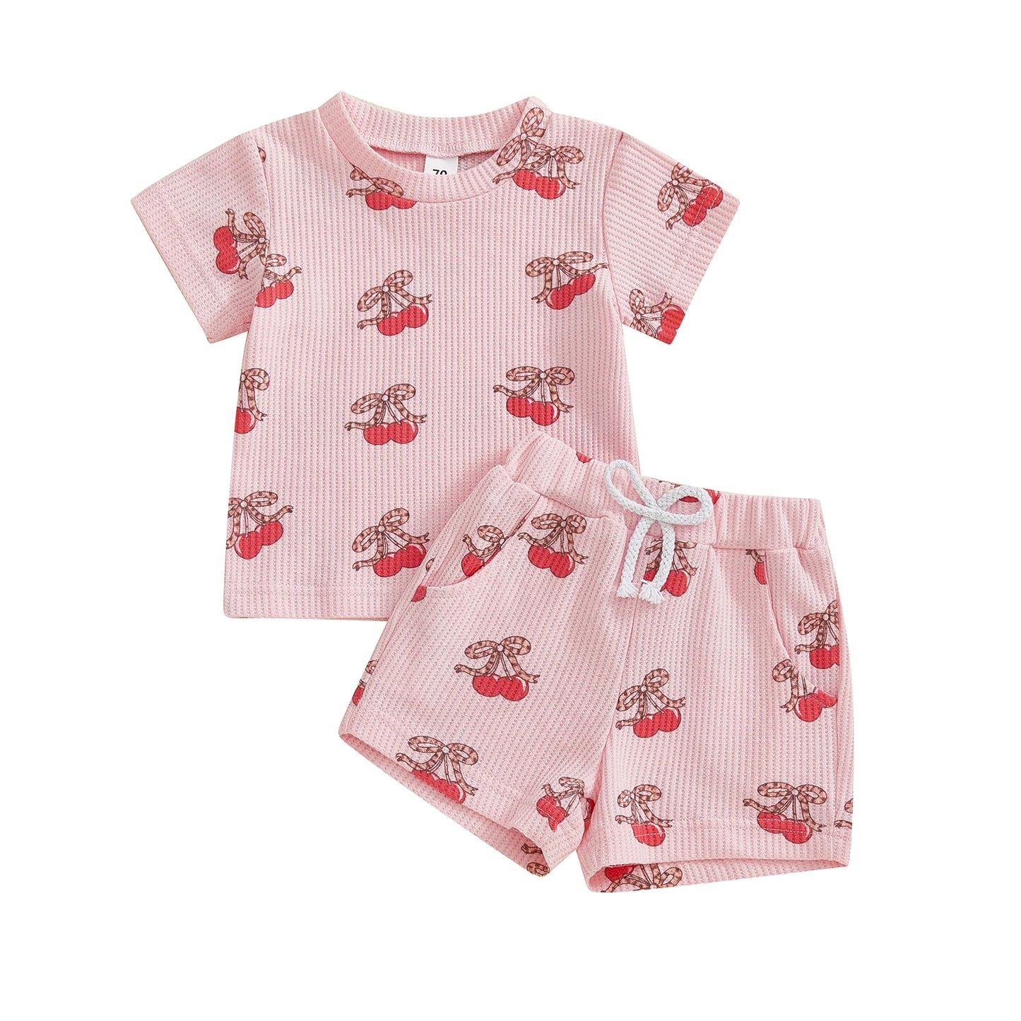 Baby Toddler Girls 2Pcs Outfits Fashionable Bow Cherry Print Short Sleeve Round Neck Top and Shorts Set