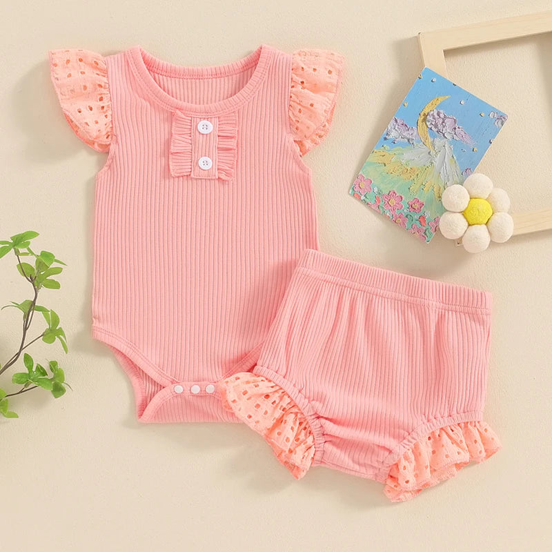 Baby Girl 2Pcs Spring Summer Outfits Round Neck Buttons Eyelet Fly Sleeve Frilly Romper Elastic Waist Shorts Clothes Set