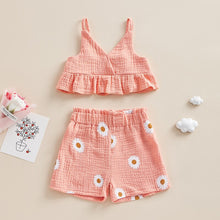 Load image into Gallery viewer, Toddler Girls Summer 2PCS Outfit Sets Solid Color Ruffle Top Floral Daisy Shorts
