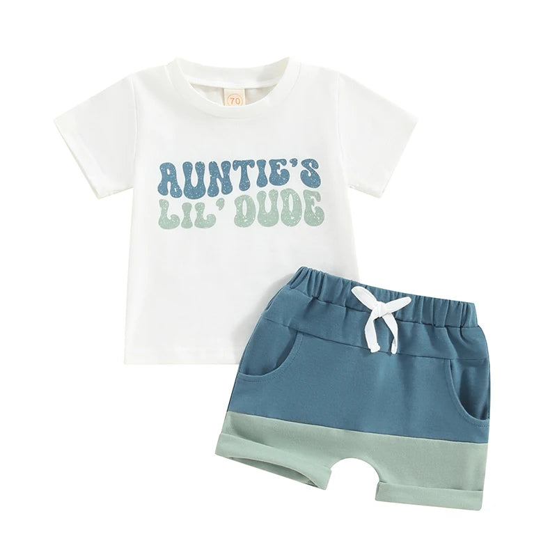 Baby Toddler Boys 2Pcs Auntie's Lil Dude Summer Outfits Letter Print Short Sleeve T-Shirt Tops and Elastic Waist Contrast Color Shorts Set