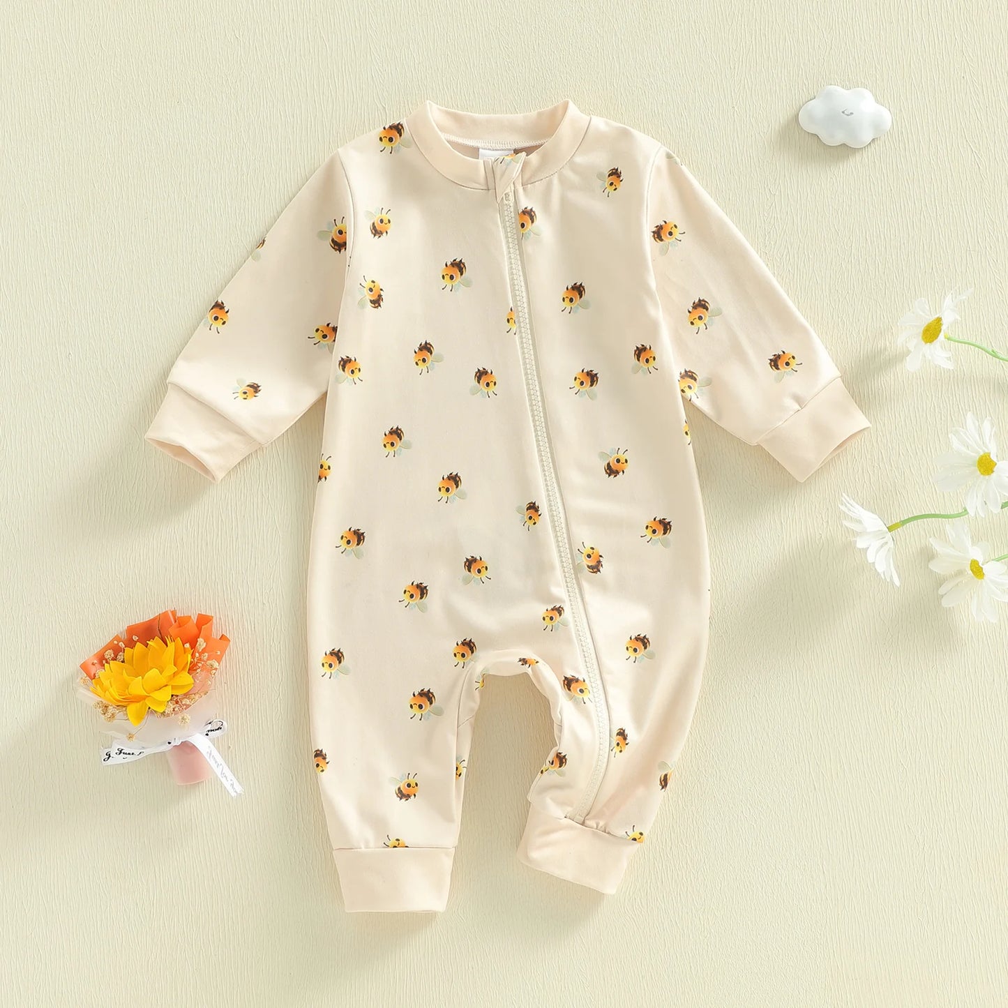 Baby Boy Girl Zipper Romper Crew Neck Long Sleeve Cute Bee Print Zip Up Jumpsuit