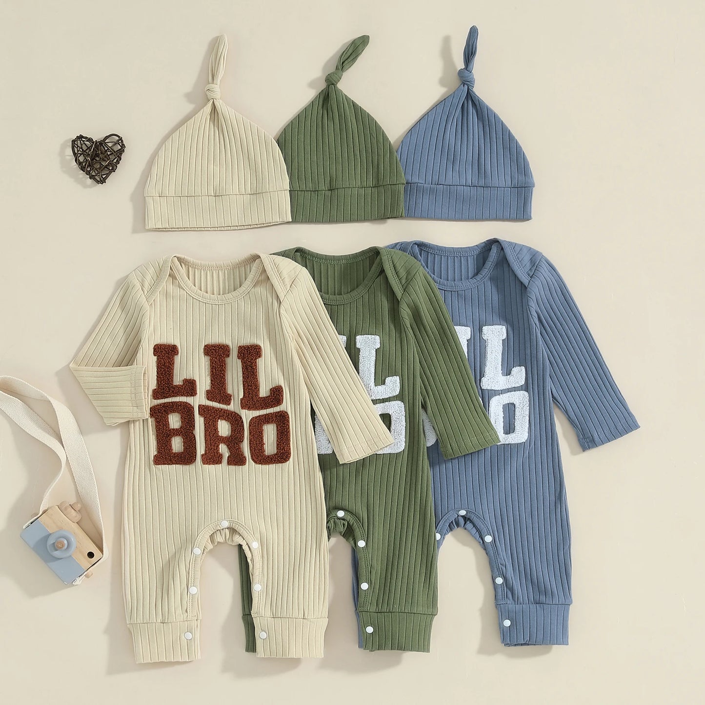 Baby Boy 2Pcs Lil Bro Jumpsuit and Hat Set Long Sleeve Round Neck Letter Print Ribbed Romper with Beanie Outfit