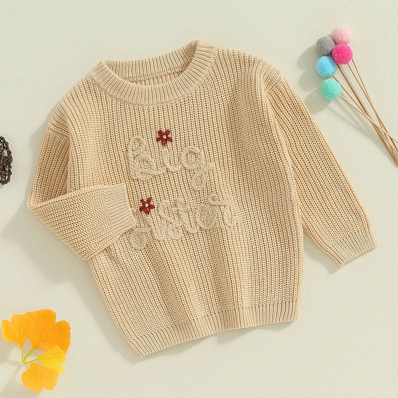 Baby Toddler Kids Girls Big Sister Autumn Winter Knit Sweater Long Sleeve O Neck Letter Embroidery Pullover Knitwear Top