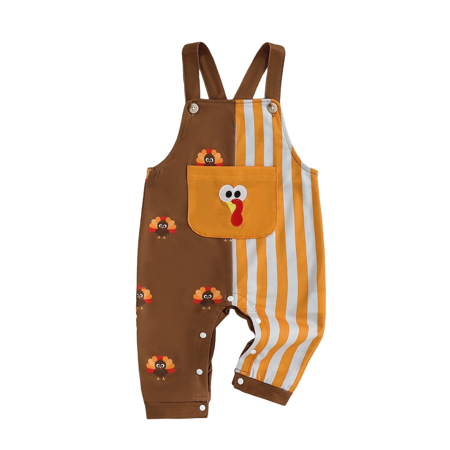 Baby Boy Thanksgiving Romper Overalls Turkey Stripe Print Sleeveless Suspender Jumpsuit