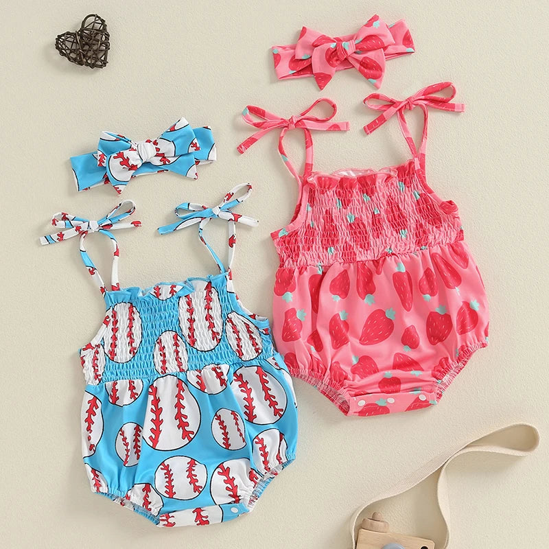 Baby Girls 2Pcs Sleeveless Romper Strawberry/Baseball Print Tie Spaghetti Straps Tank Summer Jumpsuit and Headband Set