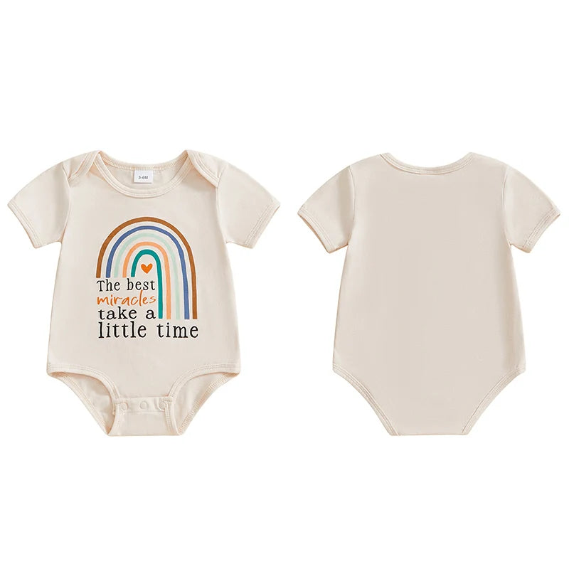 Baby Boys Girls After Every Storm Comes A Rainbow / The Best Miracles Take A Little Time Cotton Bodysuit Classic Short Sleeve Round Neck Rainbow Print Playsuit Romper Bodysuit