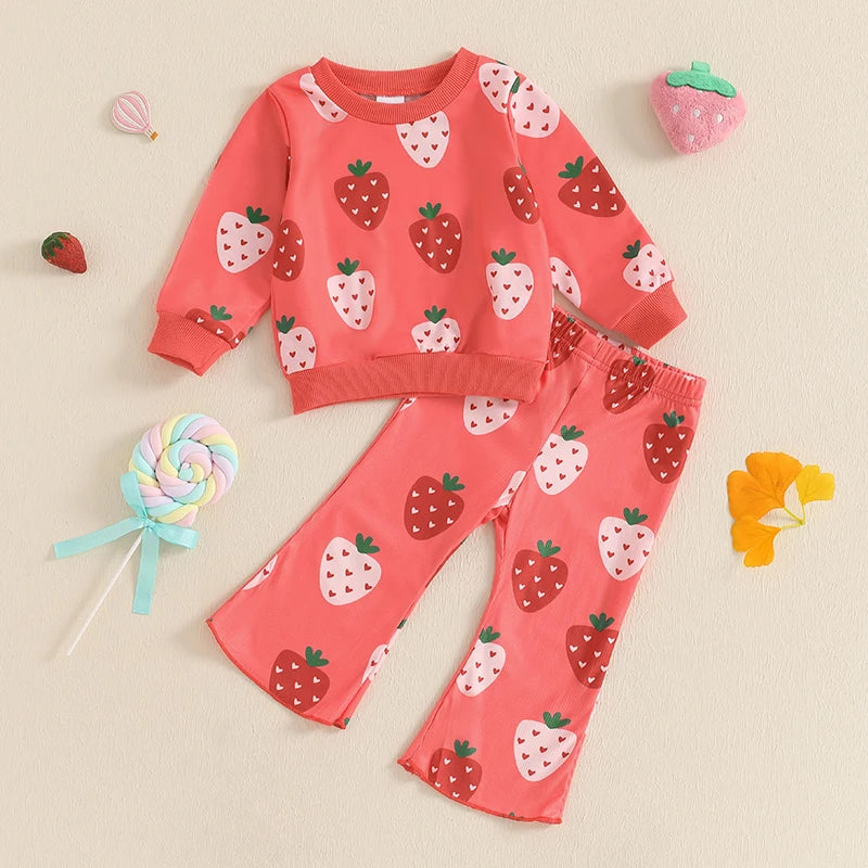 Baby Toddler Girls 2Pcs Outfit Strawberry Print Long Sleeve Crewneck Top with Flare Pants Set