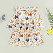 Load image into Gallery viewer, Baby Toddler Kids Girls Autumn A-line Princess Dress Long Sleeve Crewneck Ruffle Shoulder Chicken Print Thanksgiving Dress
