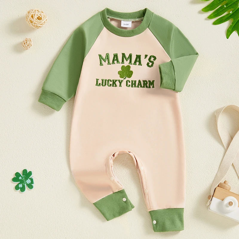 Baby Boys Girls Mama's Lucky Charm St. Patrick's Day Jumpsuit Letter Four Leaf Clover Embroidered Letters Raglan Long Sleeve Romper