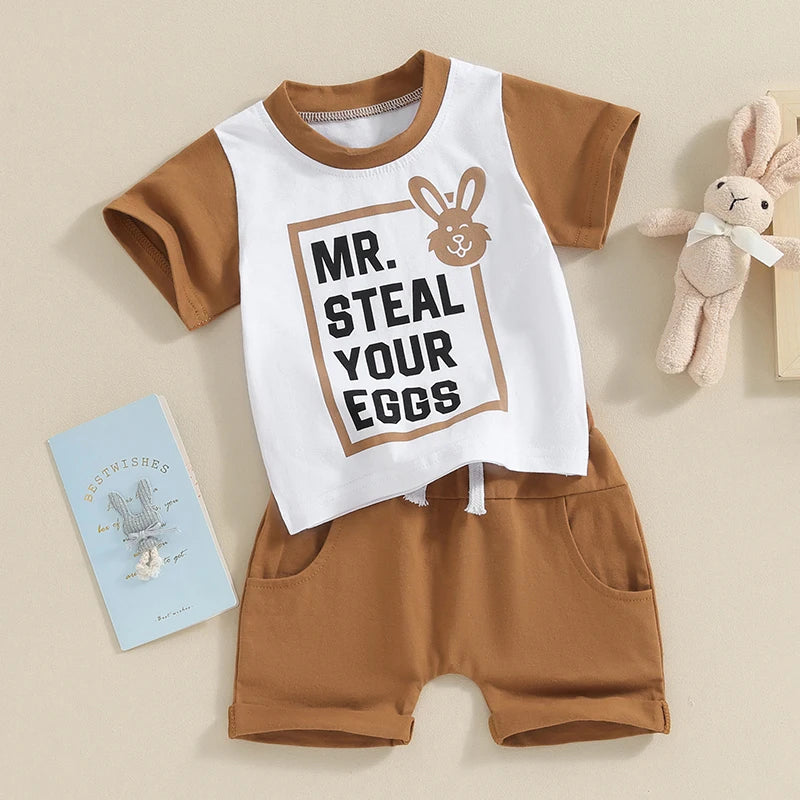 Baby Toddler Boys 2Pcs Easter Outfits Mr. Steal Your Eggs Letter Rabbit Print Contrast Color Short Sleeve T-Shirts Top and Shorts Clothes Set