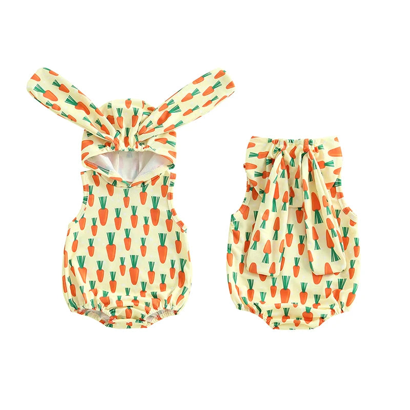 Baby Girls Boys Easter Romper Carrot / Bunny Print Sleeveless Tank Rabbit Ears Hooded Jumpsuit