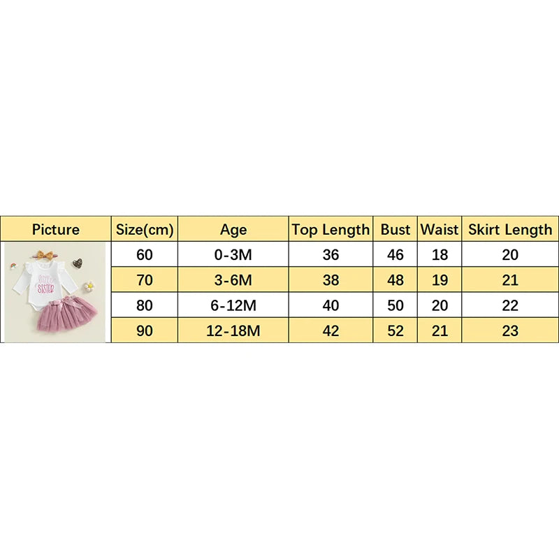 Baby Girls 3Pcs Little Sister Outfit Ruffle Shoulder Letter Embroidery Long Sleeve Romper Tulle Tutu Skirt Headband Set