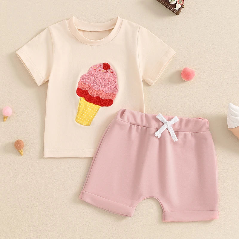 Baby Toddler Girl Boy 2Pcs Summer Outfit Ice Cream Embroidery Short Sleeve Top and Elastic Shorts Set