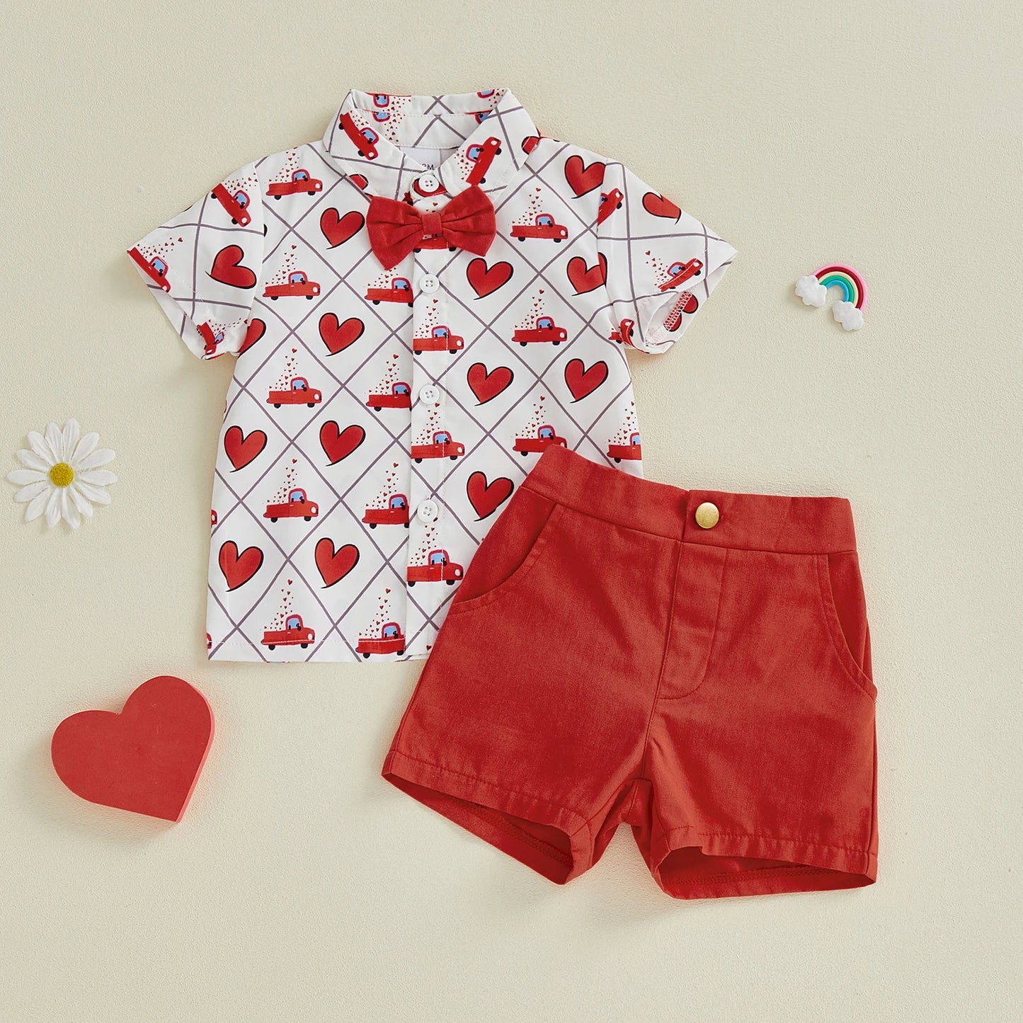 Baby Toddler Boys 2Pcs Valentine's Day Outfit Heart Short Sleeve Bowtie Shirt and Solid Shorts 2 Piece Set