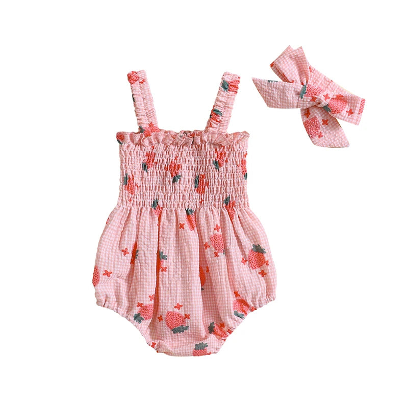 Baby Girl 2Pcs Summer Jumpsuit Strawberry Print Sleeveless Tank Top Romper and Headband Set Outfit